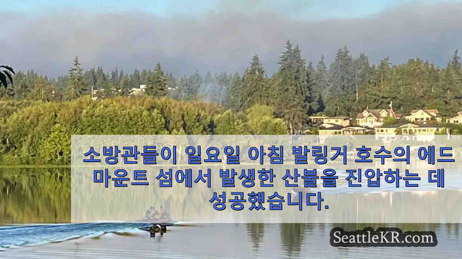 소방관들이 보트 물 펌프를 사용하여 발링거 호수 근처에서 산불을 진압했습니다.