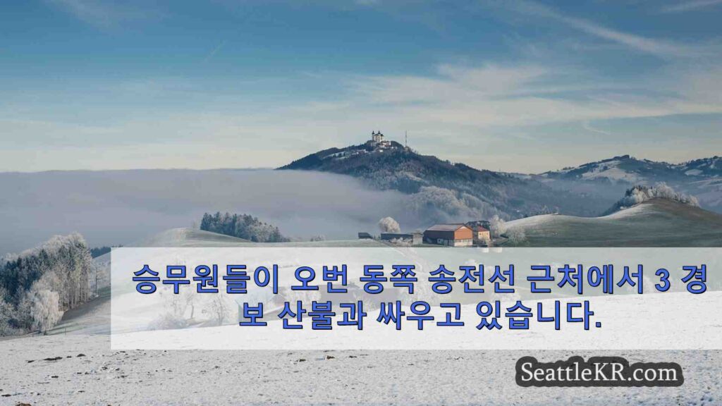 승무원들이 오번 동쪽 송전선 근처에서 3 경보 산불과 싸우고 있습니다.