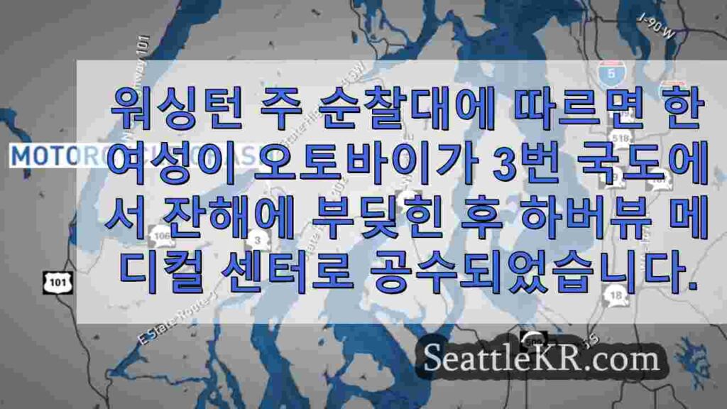 오토바이가 도로에서 파편에 부딪힌 후 병원으로 공수된 여성