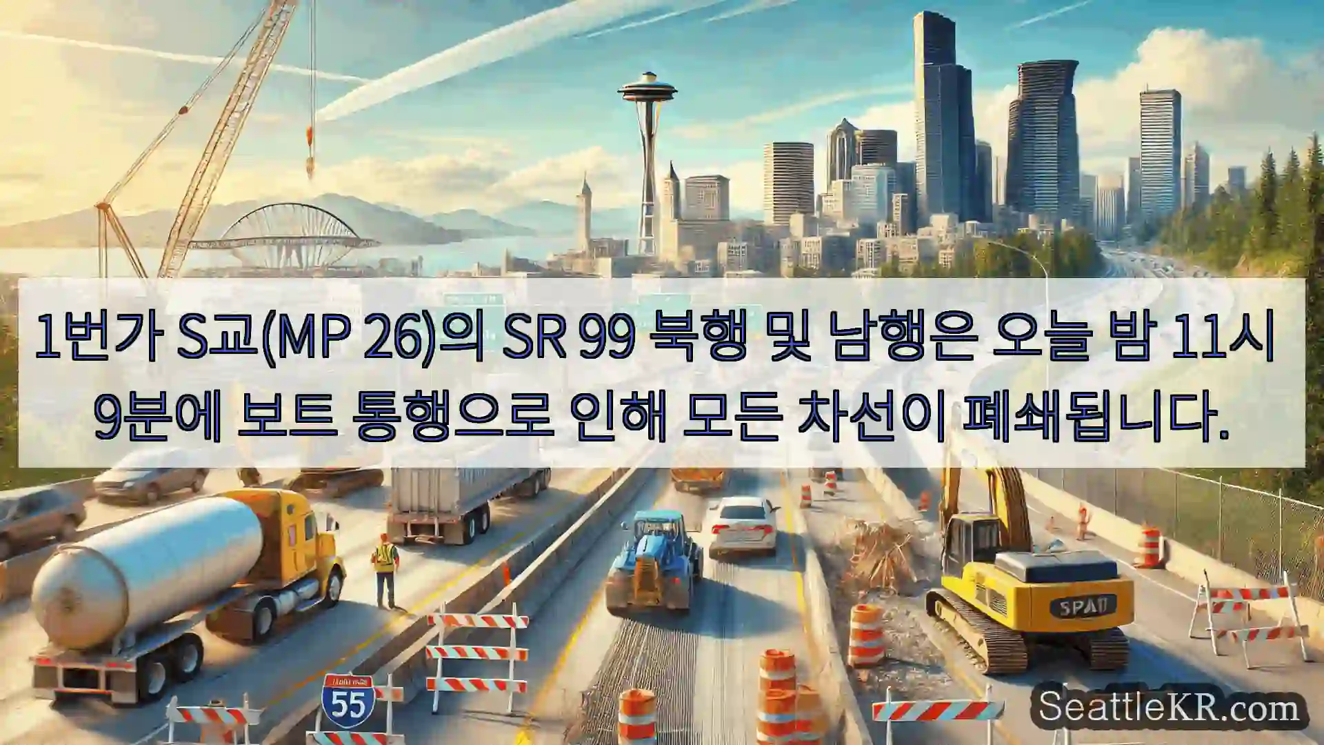 시애틀 교통뉴스 1번가 S교(MP 26)의 SR 99 북행 및 남행은 오늘 밤