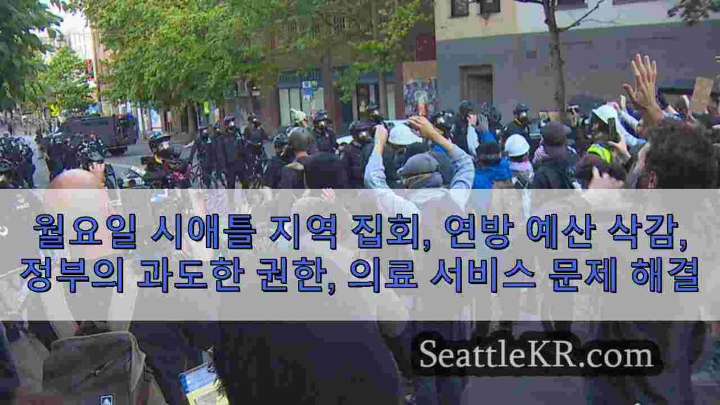 월요일 시애틀 지역 집회, 연방 예산 삭감, 정부의 과도한 권한, 의료
