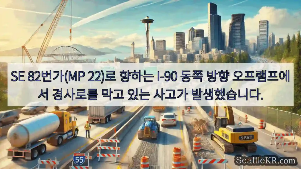 SE 82번가(MP 22)로 향하는 I-90 동쪽 방향 오프램프에서 경사로를 막고 있는