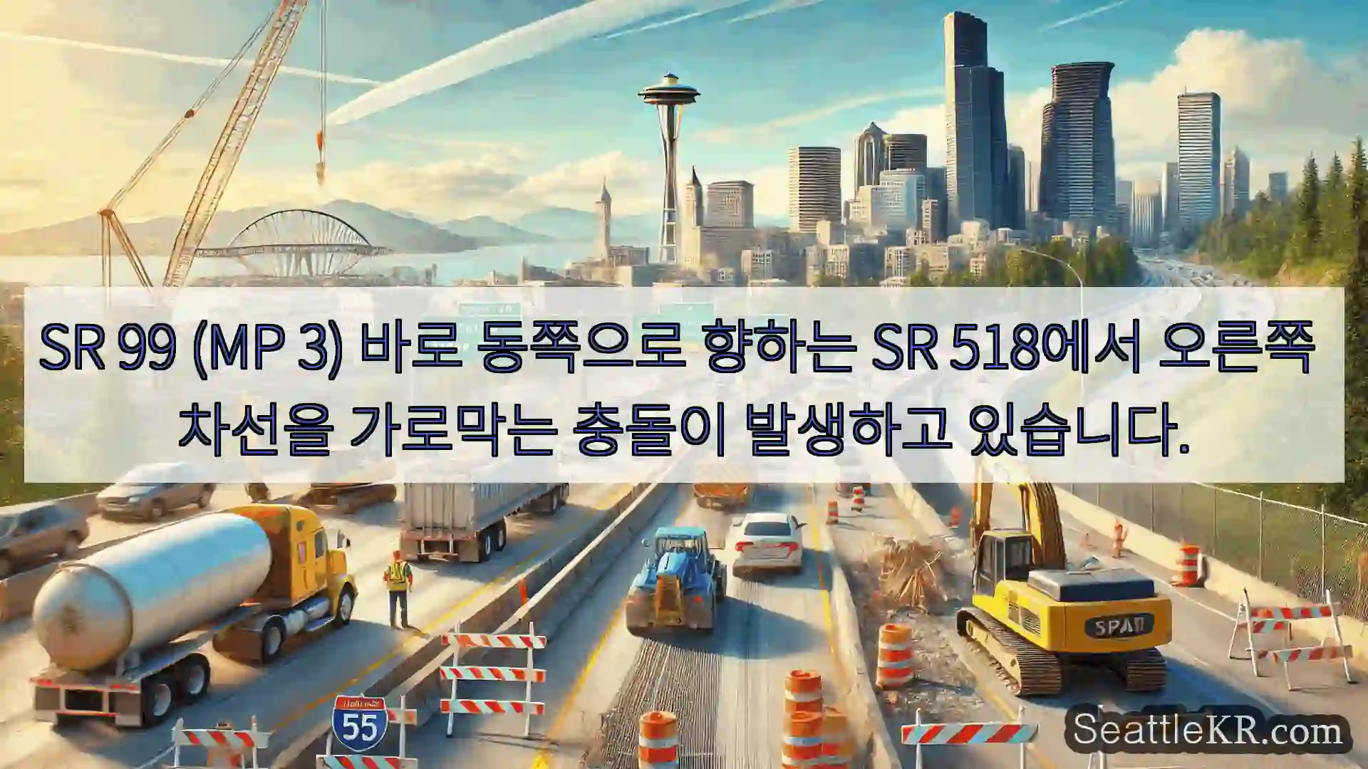 SR 99 (MP 3) 바로 동쪽으로 향하는 SR 518에서 오른쪽 차선을 가로막는