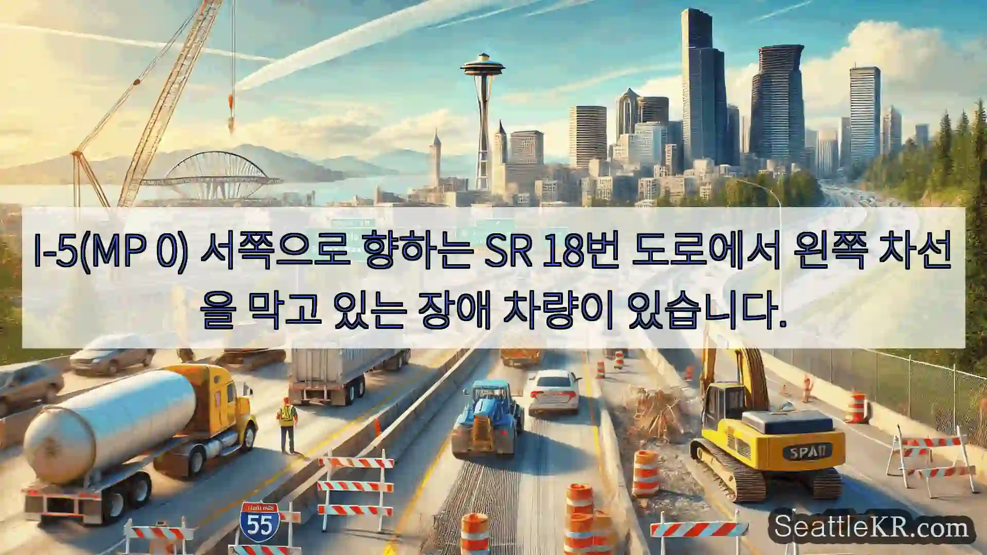 I-5(MP 0) 서쪽으로 향하는 SR 18번 도로에서 왼쪽 차선을 막고 있는 장애