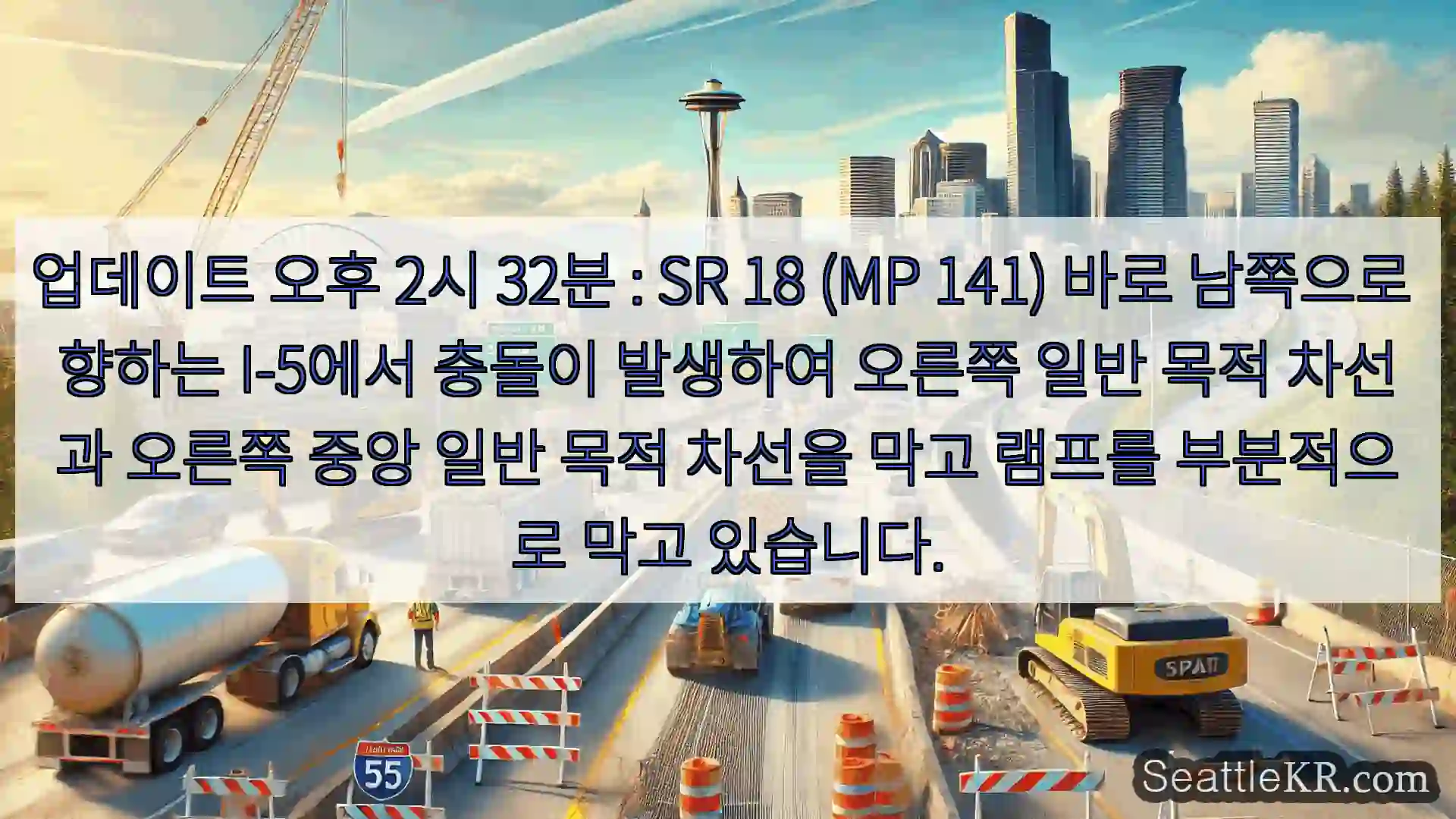 업데이트 오후 2시 32분 : SR 18 (MP 141) 바로 남쪽으로 향하는 I-5에서
