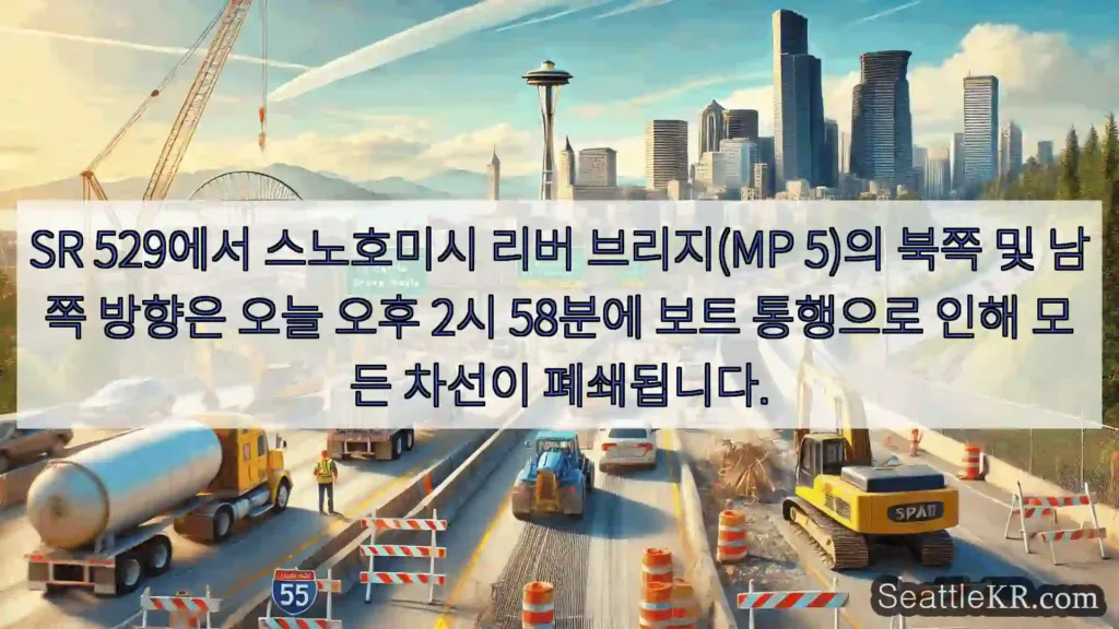 SR 529에서 스노호미시 리버 브리지(MP 5)의 북쪽 및 남쪽 방향은 오늘 오후 2시