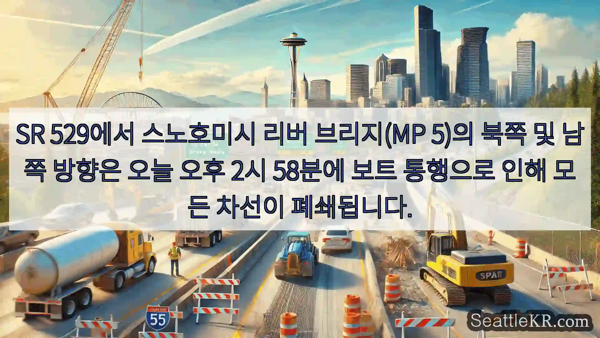 SR 529에서 스노호미시 리버 브리지(MP 5)의 북쪽 및 남쪽 방향은 오늘 오후 2시