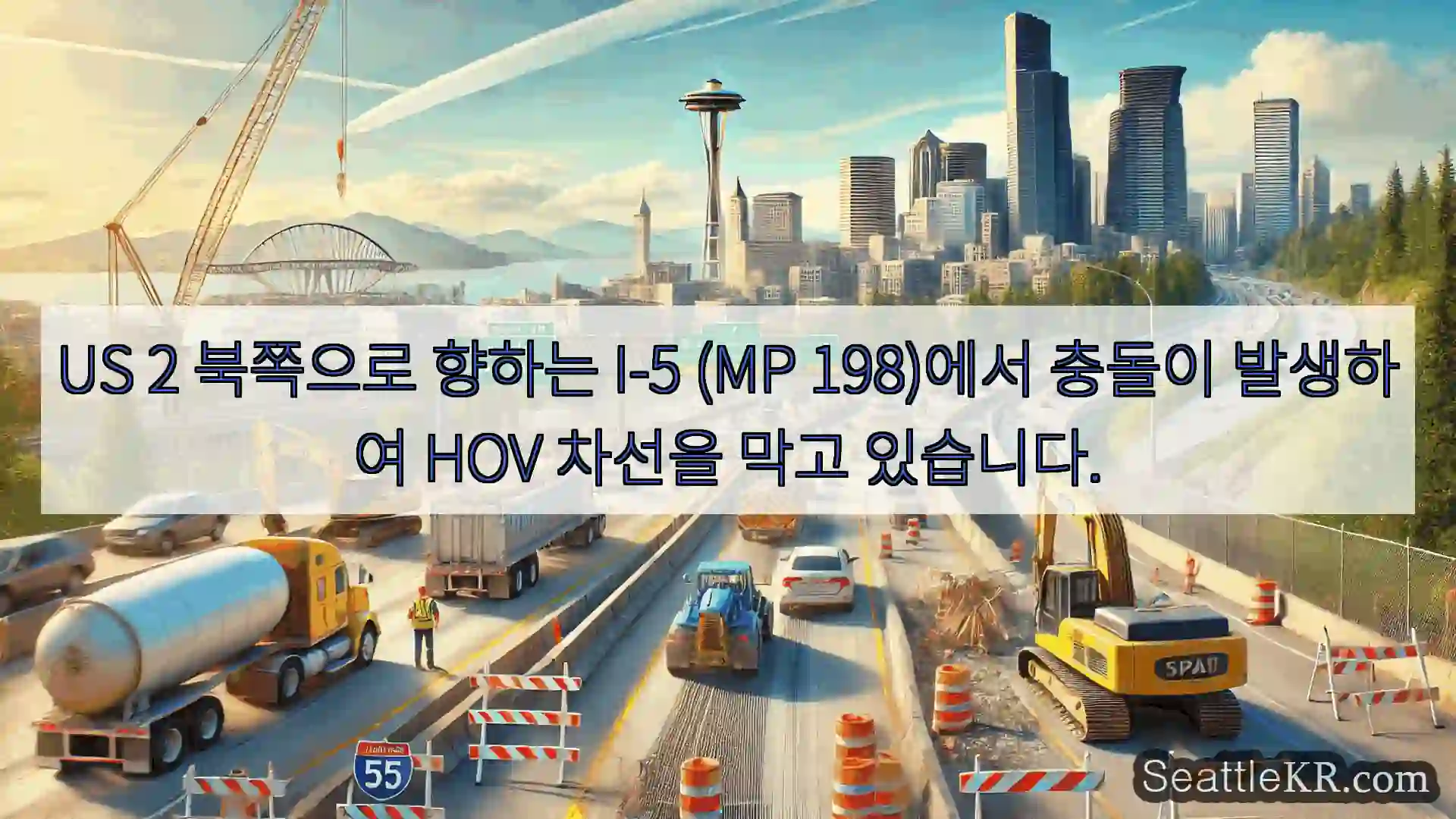US 2 북쪽으로 향하는 I-5 (MP 198)에서 충돌이 발생하여 HOV 차선을 막고