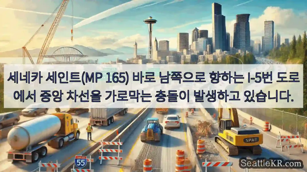 세네카 세인트(MP 165) 바로 남쪽으로 향하는 I-5번 도로에서 중앙 차선을 가로막는