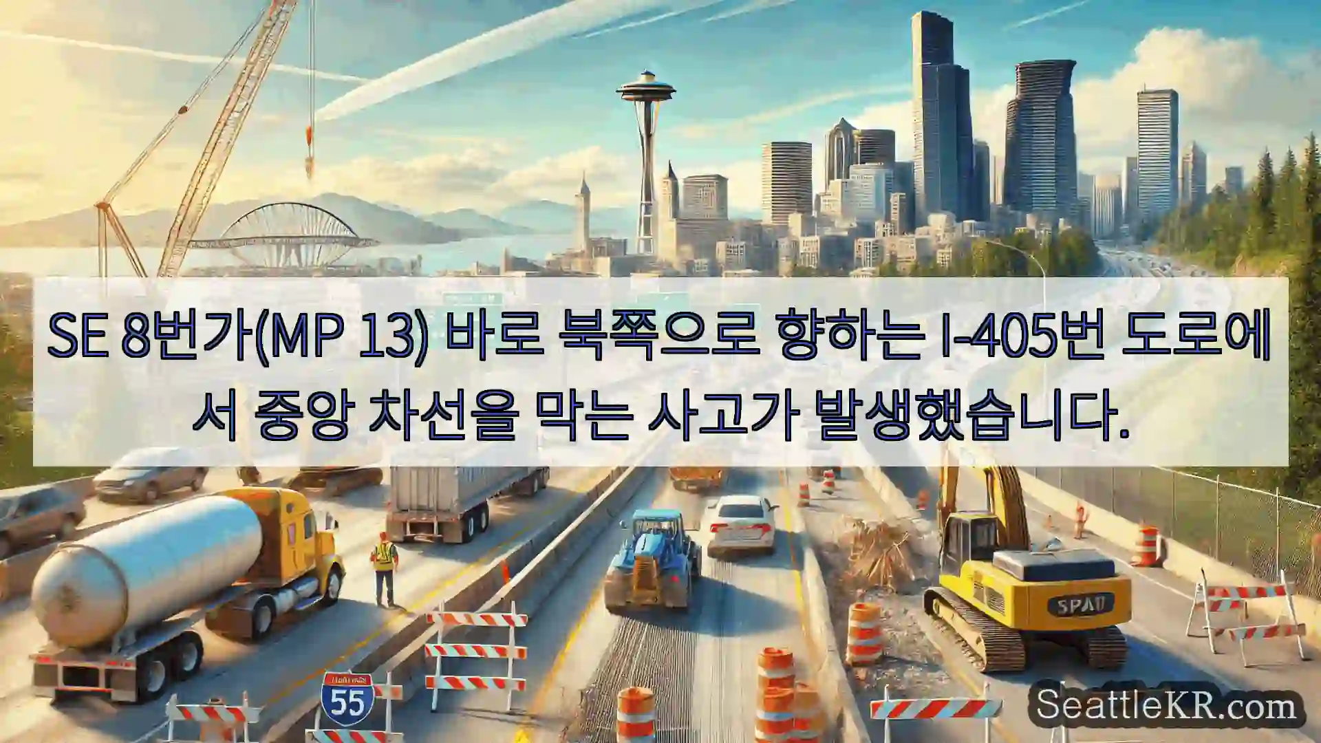 SE 8번가(MP 13) 바로 북쪽으로 향하는 I-405번 도로에서 중앙 차선을 막는