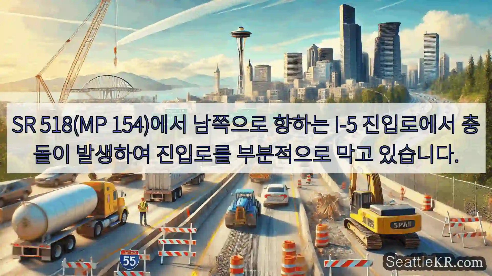 SR 518(MP 154)에서 남쪽으로 향하는 I-5 진입로에서 충돌이 발생하여 진입로를