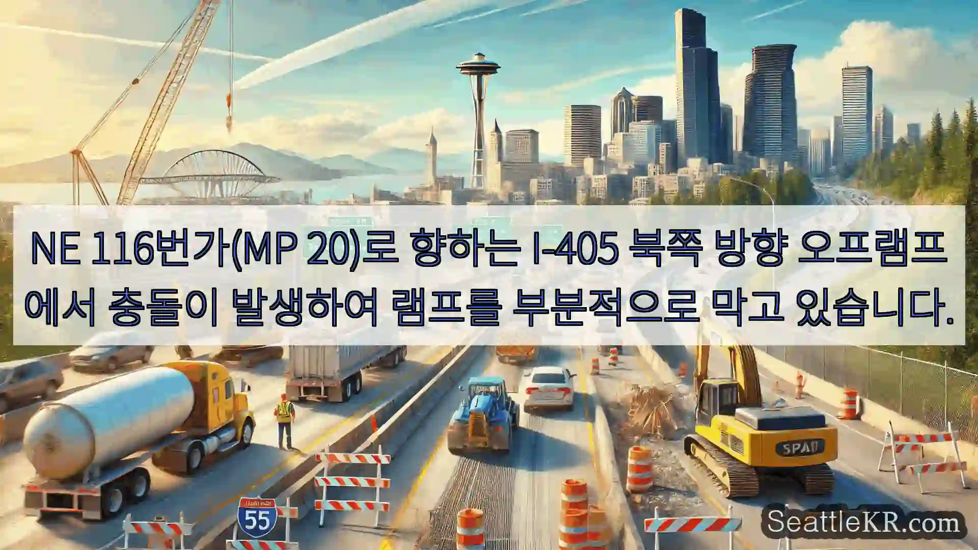 NE 116번가(MP 20)로 향하는 I-405 북쪽 방향 오프램프에서 충돌이 발생하여