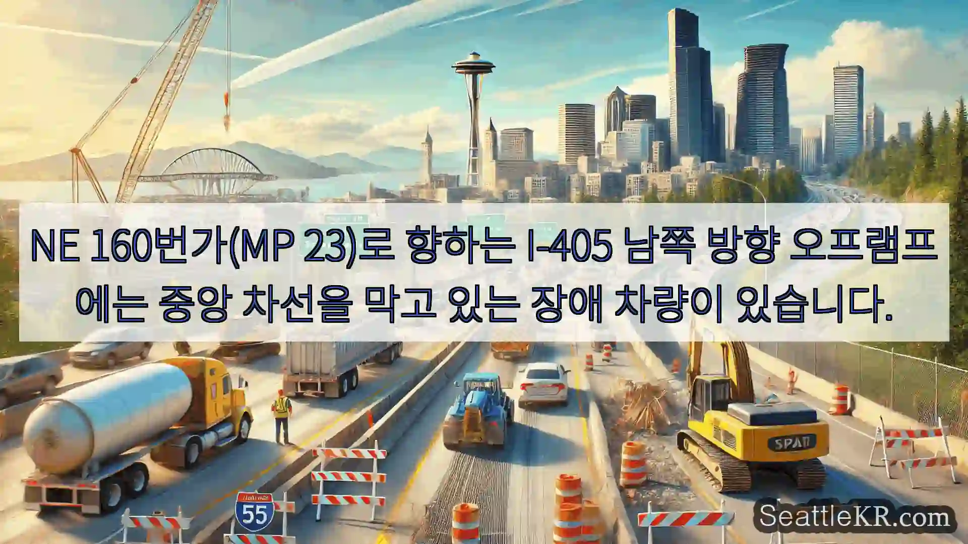 NE 160번가(MP 23)로 향하는 I-405 남쪽 방향 오프램프에는 중앙 차선을 막고