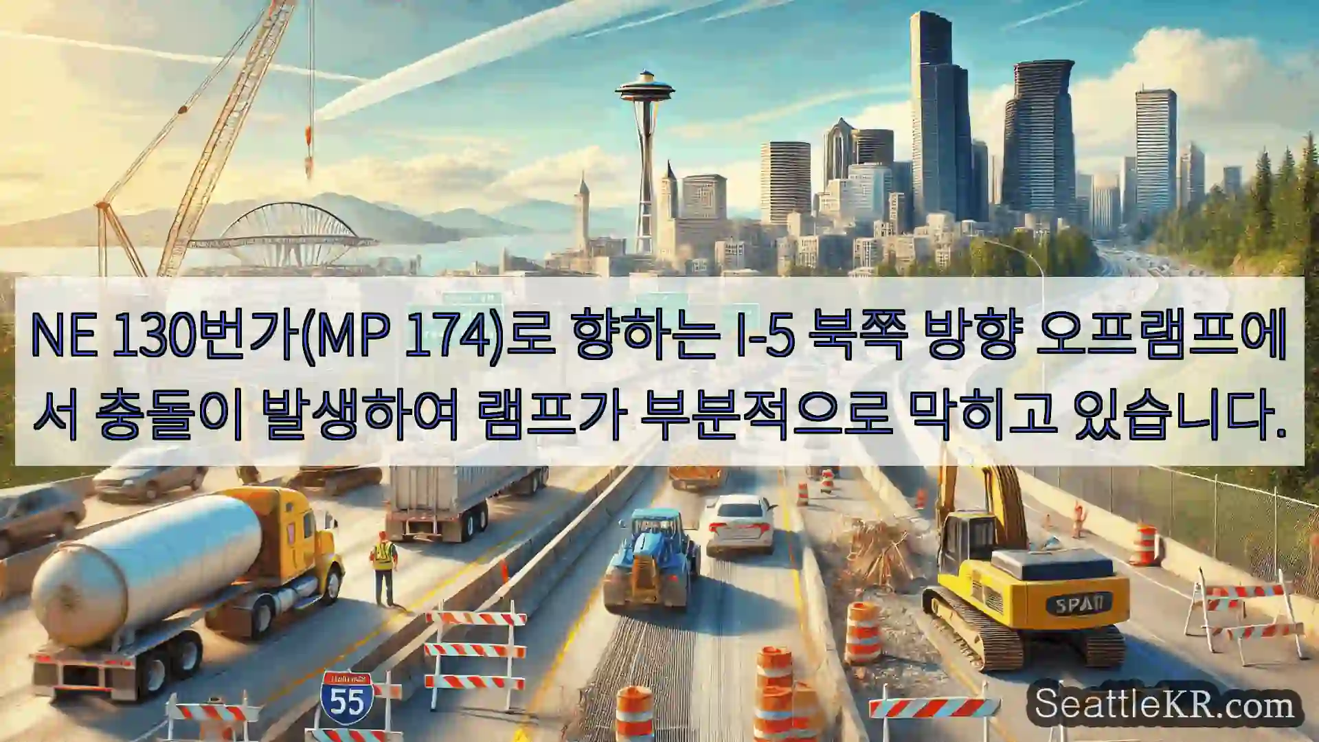 NE 130번가(MP 174)로 향하는 I-5 북쪽 방향 오프램프에서 충돌이 발생하여