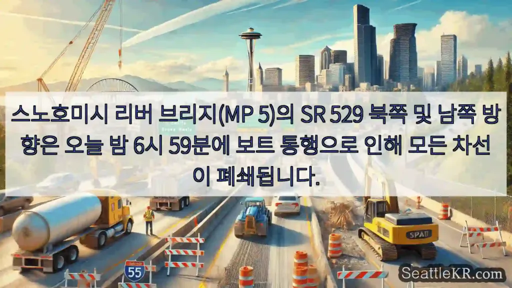 스노호미시 리버 브리지(MP 5)의 SR 529 북쪽 및 남쪽 방향은 오늘 밤 6시