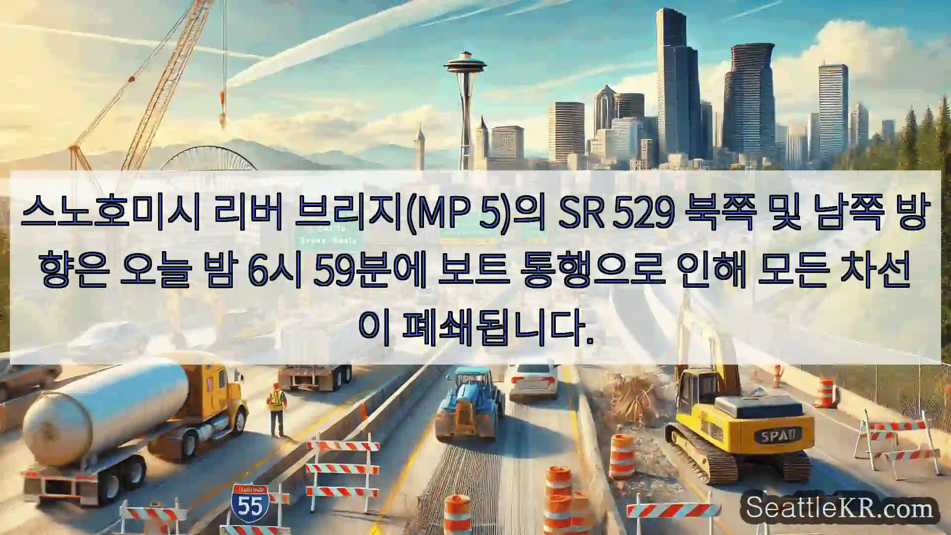 스노호미시 리버 브리지(MP 5)의 SR 529 북쪽 및 남쪽 방향은 오늘 밤 6시