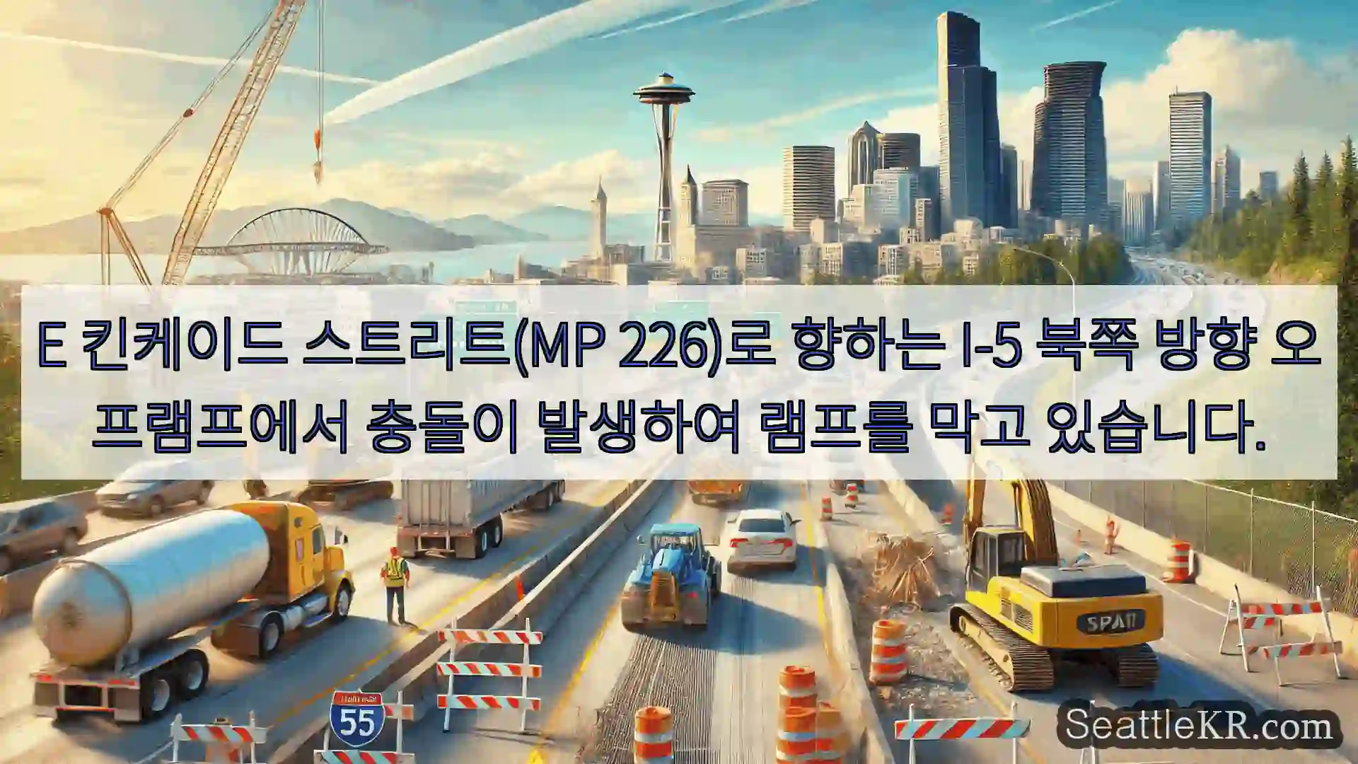 E 킨케이드 스트리트(MP 226)로 향하는 I-5 북쪽 방향 오프램프에서 충돌이