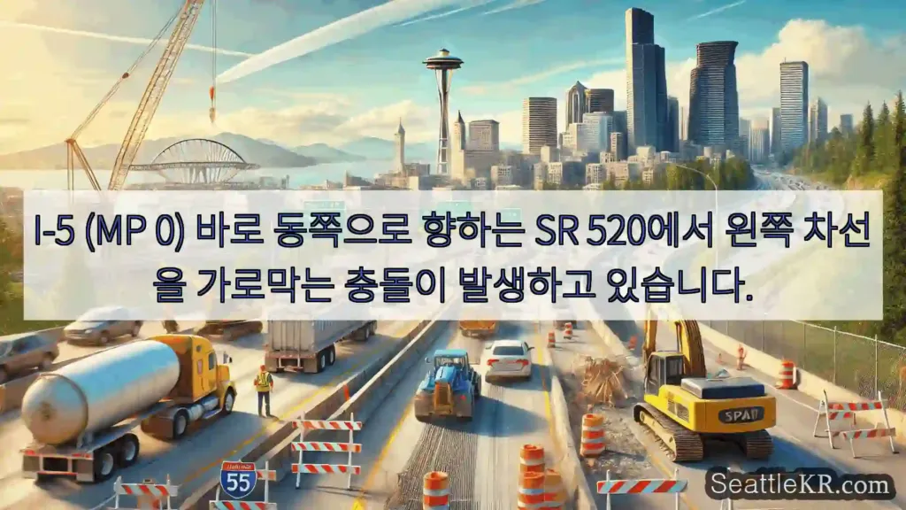 I-5 (MP 0) 바로 동쪽으로 향하는 SR 520에서 왼쪽 차선을 가로막는 충돌이