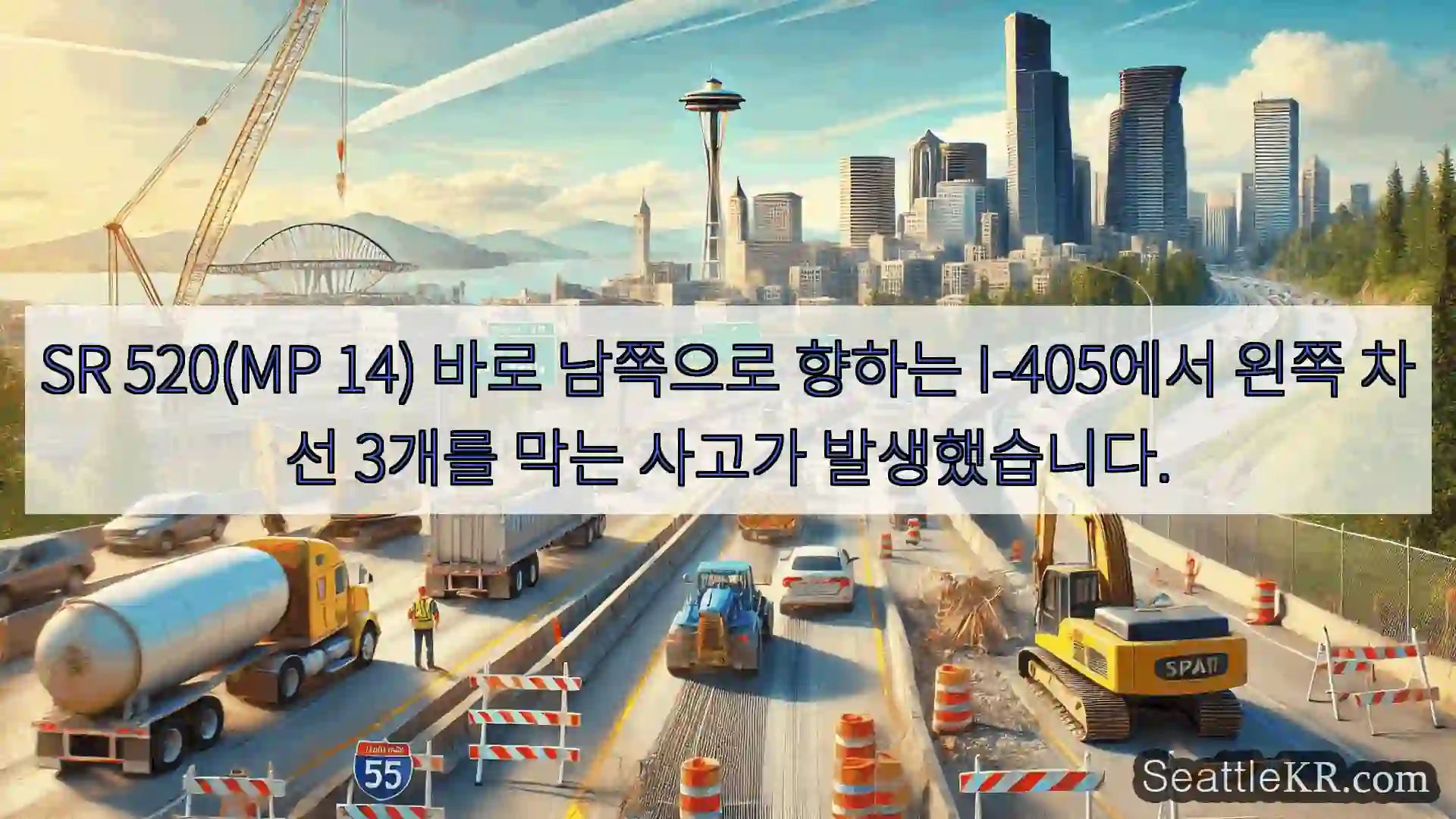 SR 520(MP 14) 바로 남쪽으로 향하는 I-405에서 왼쪽 차선 3개를 막는