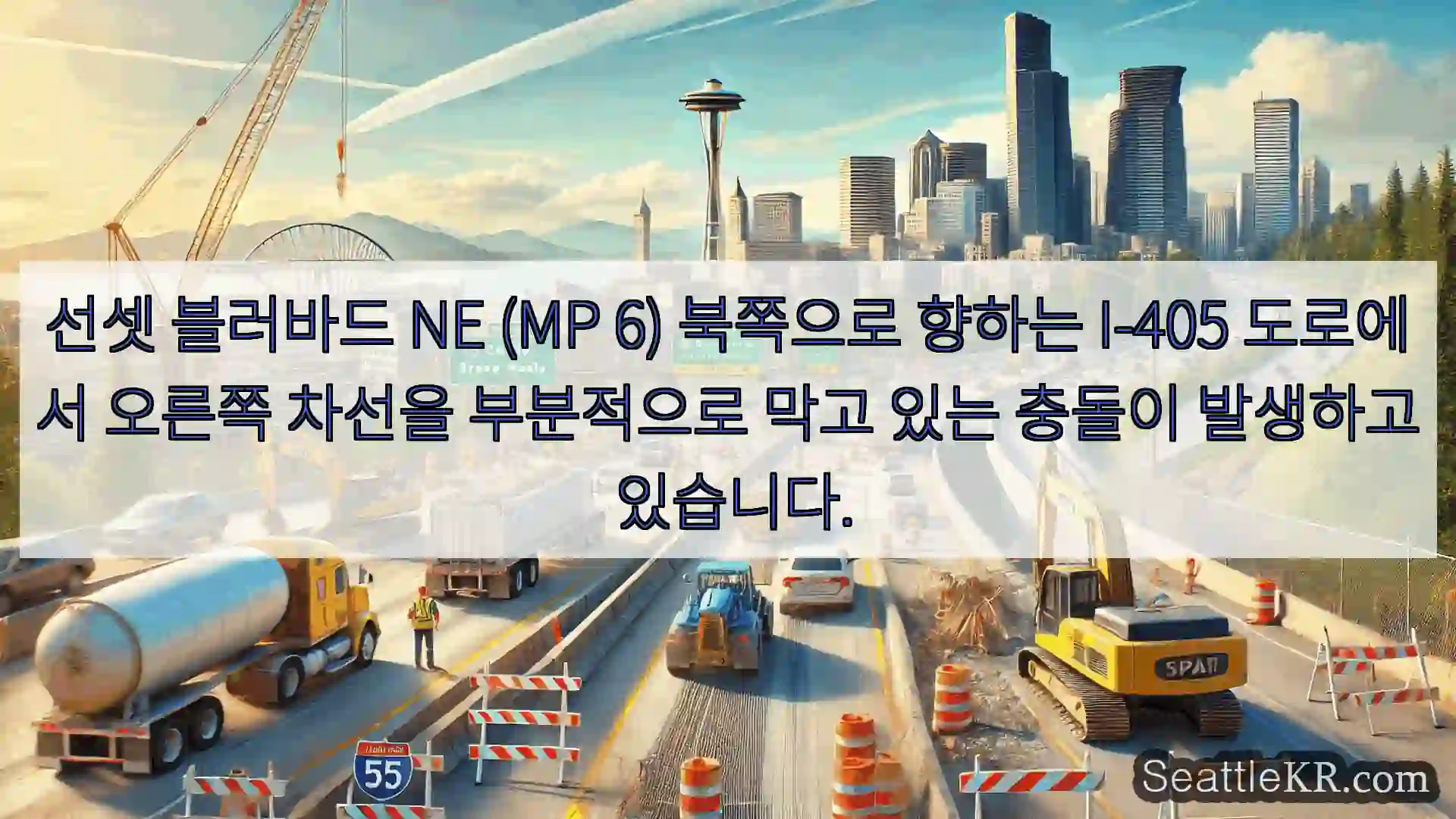 선셋 블러바드 NE (MP 6) 북쪽으로 향하는 I-405 도로에서 오른쪽 차선을