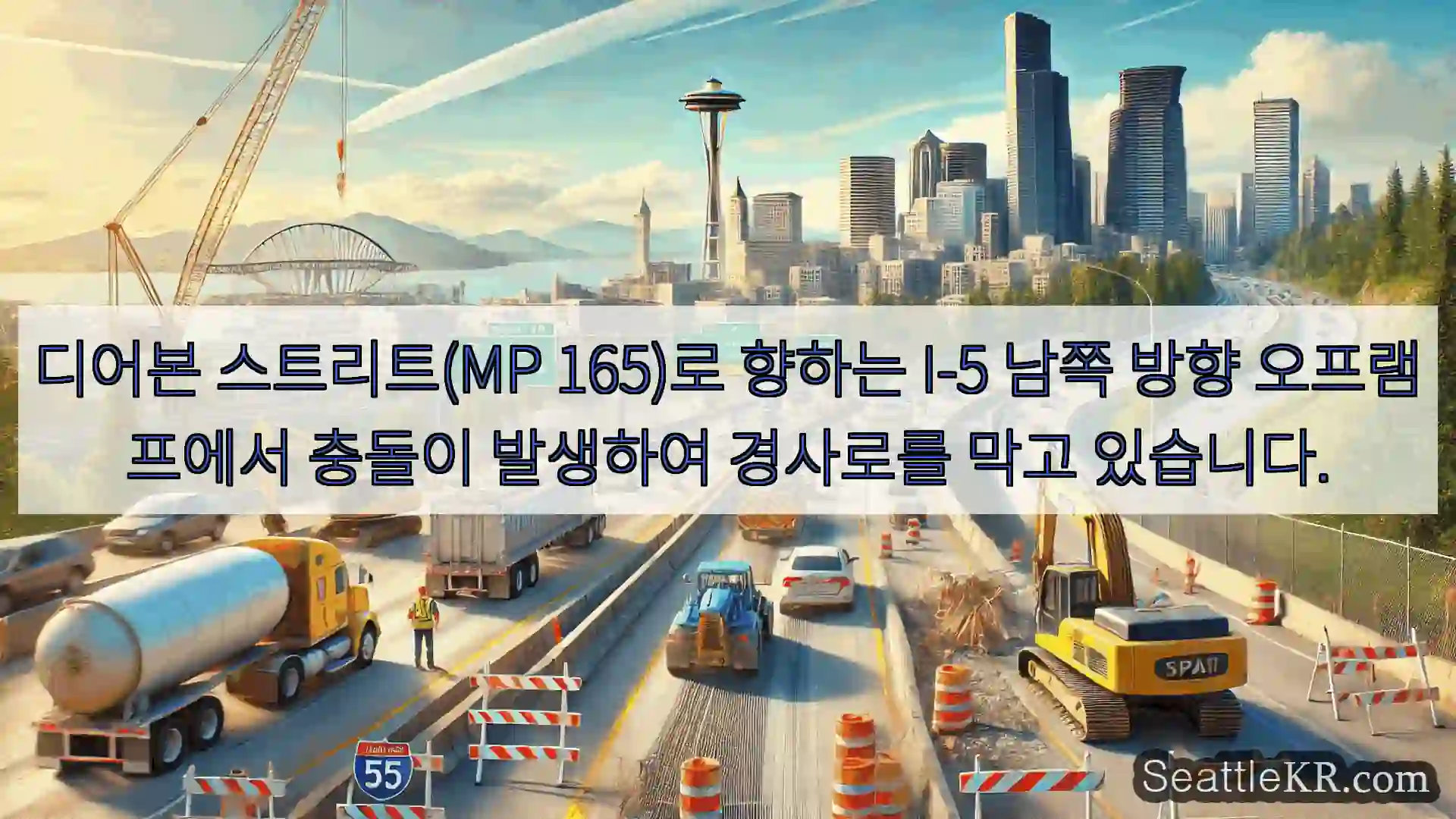 디어본 스트리트(MP 165)로 향하는 I-5 남쪽 방향 오프램프에서 충돌이 발생하여