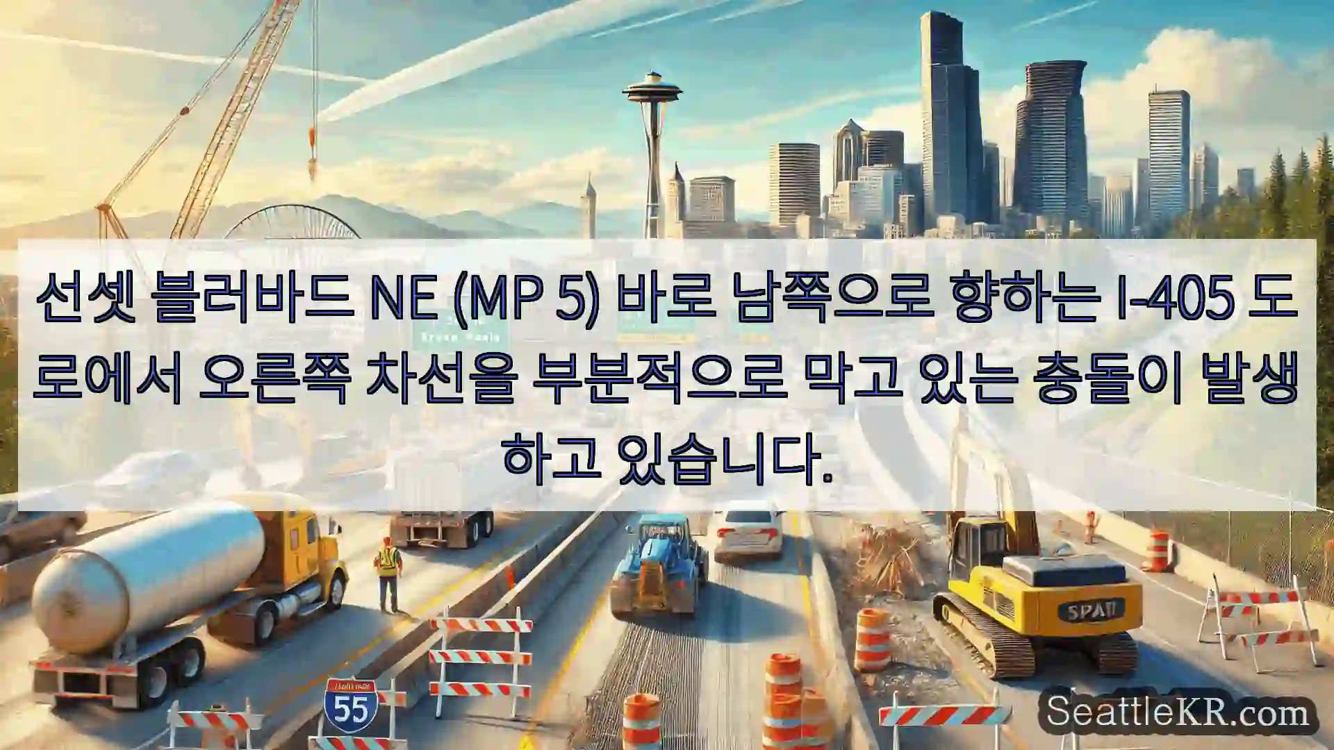 선셋 블러바드 NE (MP 5) 바로 남쪽으로 향하는 I-405 도로에서 오른쪽 차선을