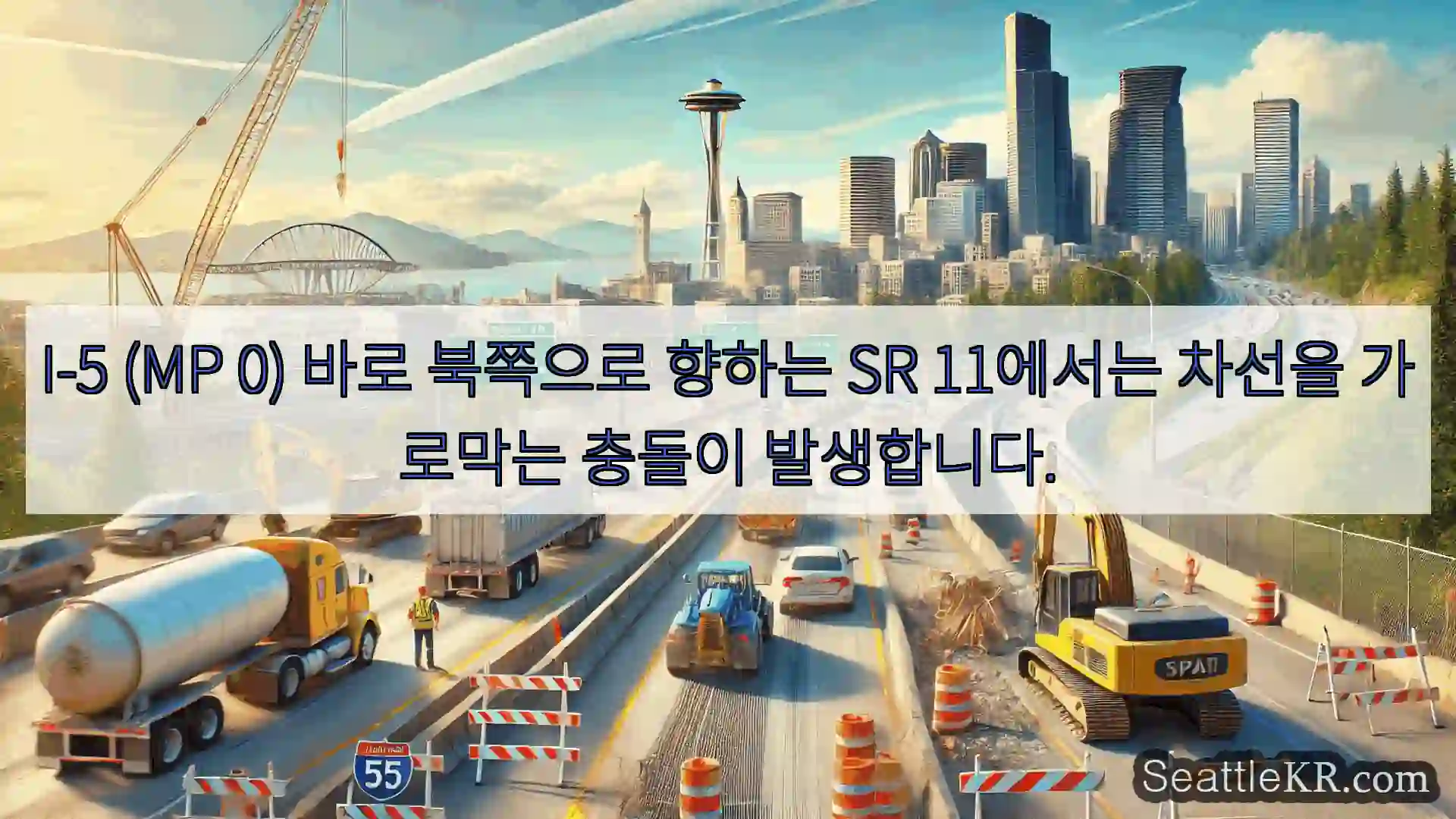 I-5 (MP 0) 바로 북쪽으로 향하는 SR 11에서는 차선을 가로막는 충돌이