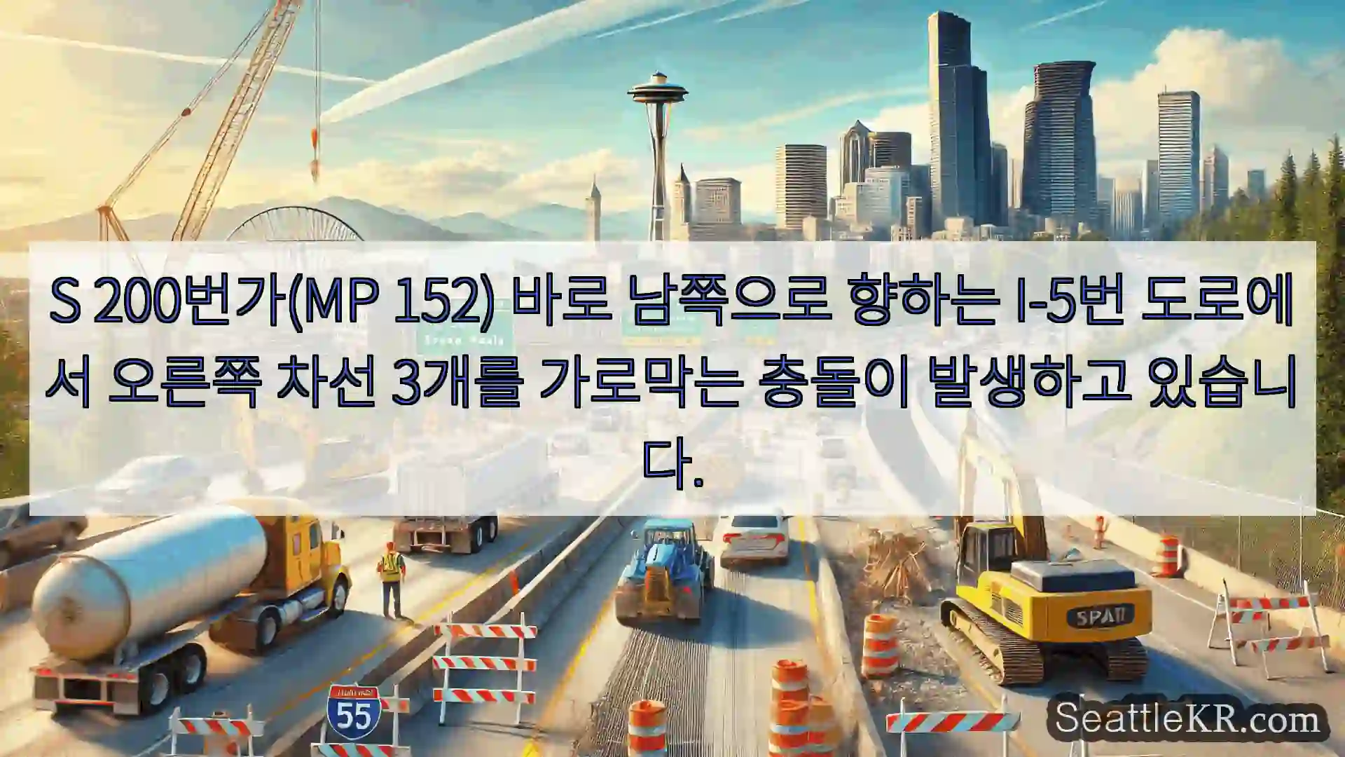 S 200번가(MP 152) 바로 남쪽으로 향하는 I-5번 도로에서 오른쪽 차선 3개를