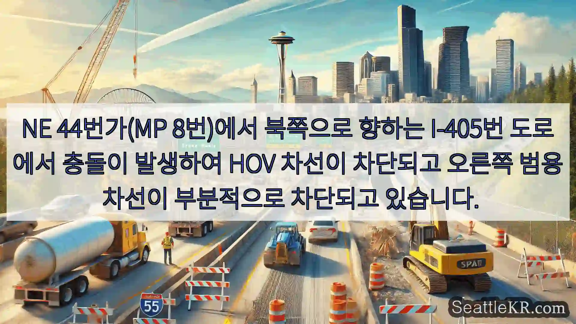 NE 44번가(MP 8번)에서 북쪽으로 향하는 I-405번 도로에서 충돌이 발생하여