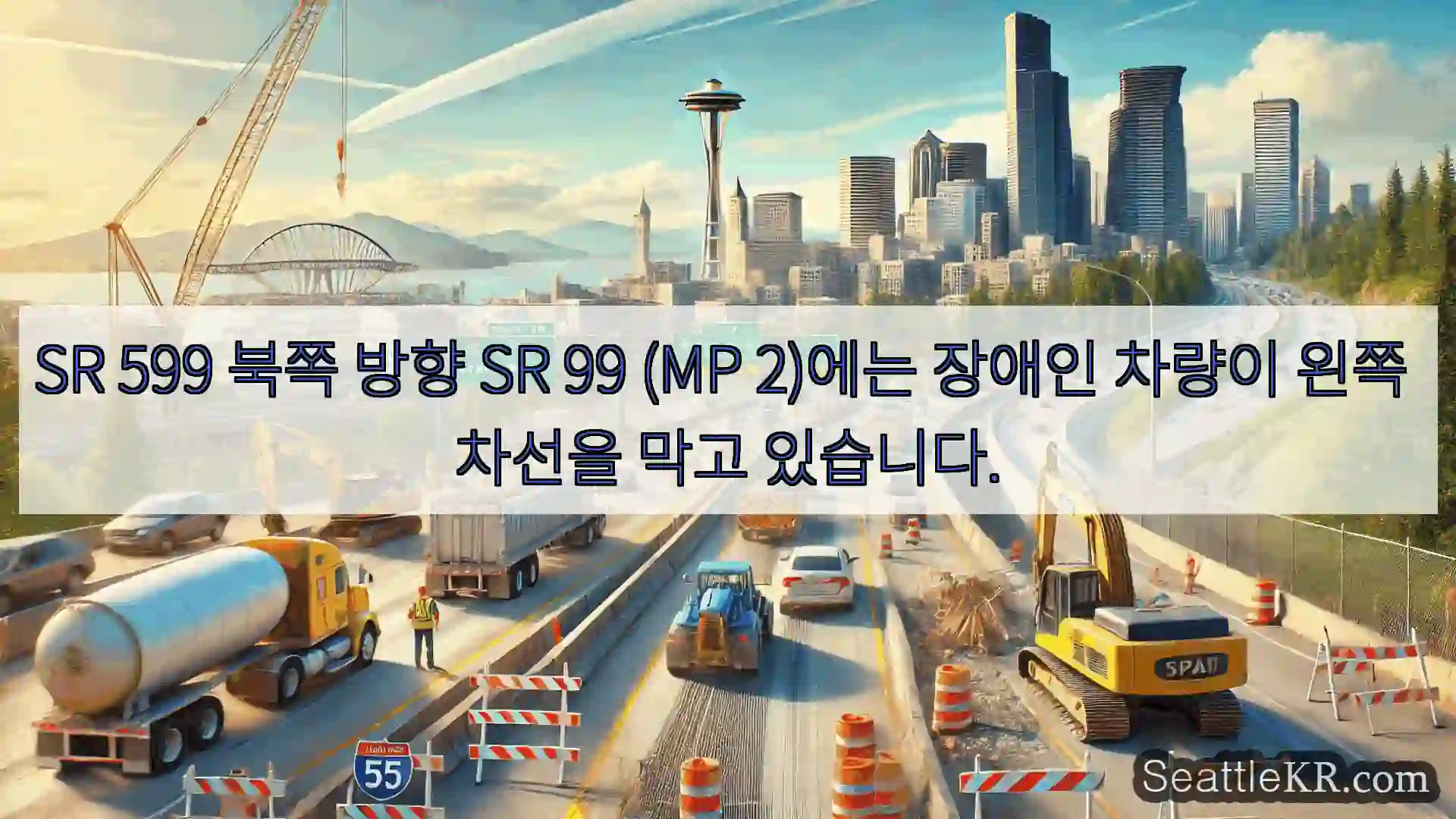 SR 599 북쪽 방향 SR 99 (MP 2)에는 장애인 차량이 왼쪽 차선을 막고