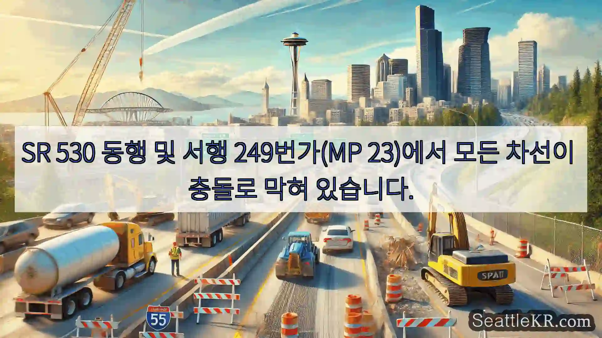 SR 530 동행 및 서행 249번가(MP 23)에서 모든 차선이 충돌로 막혀 있습니다.