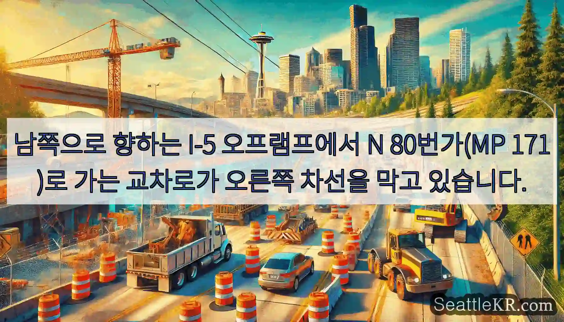 남쪽으로 향하는 I-5 오프램프에서 N 80번가(MP 171)로 가는 교차로가 오른쪽