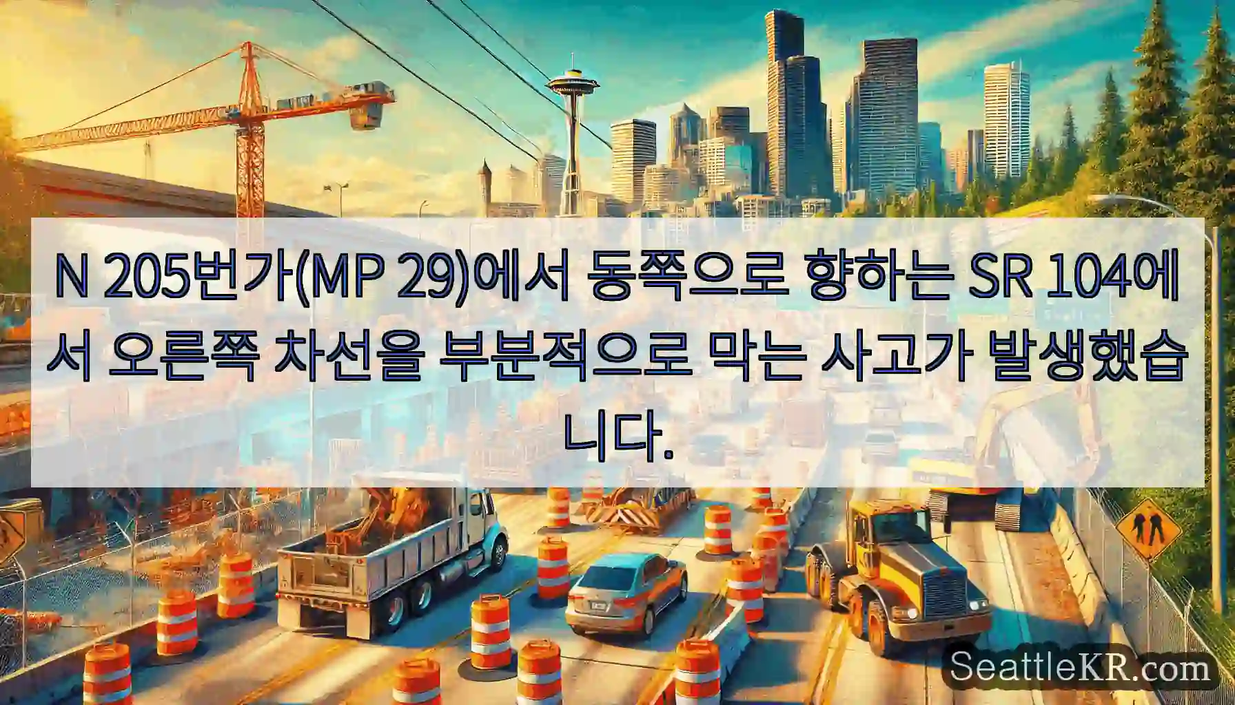 N 205번가(MP 29)에서 동쪽으로 향하는 SR 104에서 오른쪽 차선을 부분적으로