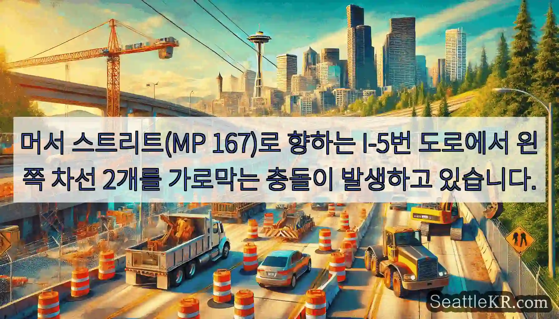 머서 스트리트(MP 167)로 향하는 I-5번 도로에서 왼쪽 차선 2개를 가로막는 충돌이