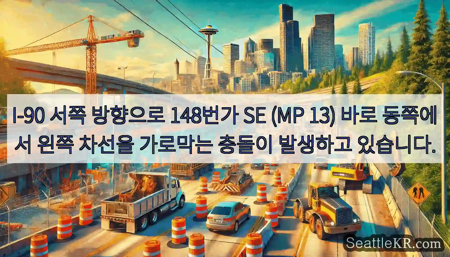 I-90 서쪽 방향으로 148번가 SE (MP 13) 바로 동쪽에서 왼쪽 차선을 가로막는