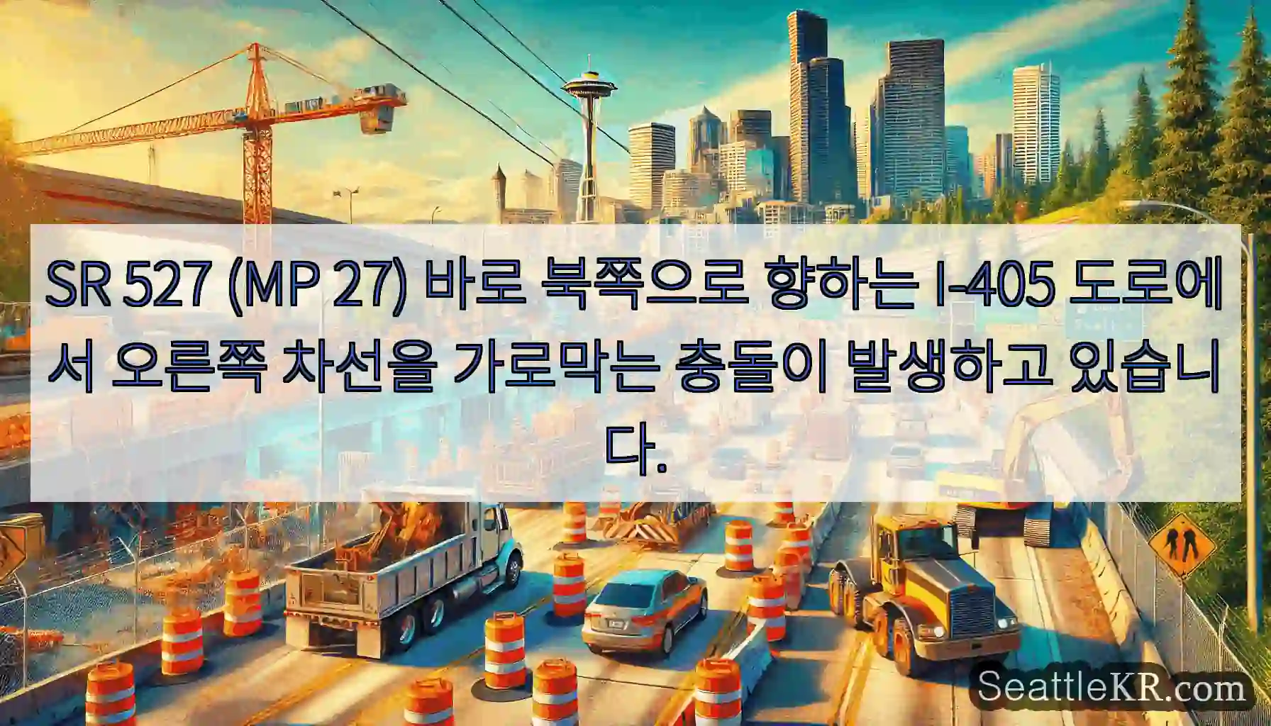 SR 527 (MP 27) 바로 북쪽으로 향하는 I-405 도로에서 오른쪽 차선을