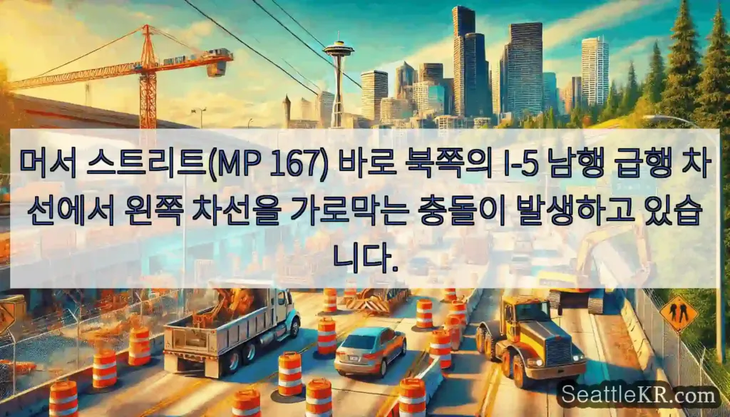머서 스트리트(MP 167) 바로 북쪽의 I-5 남행 급행 차선에서 왼쪽 차선을 가로막는