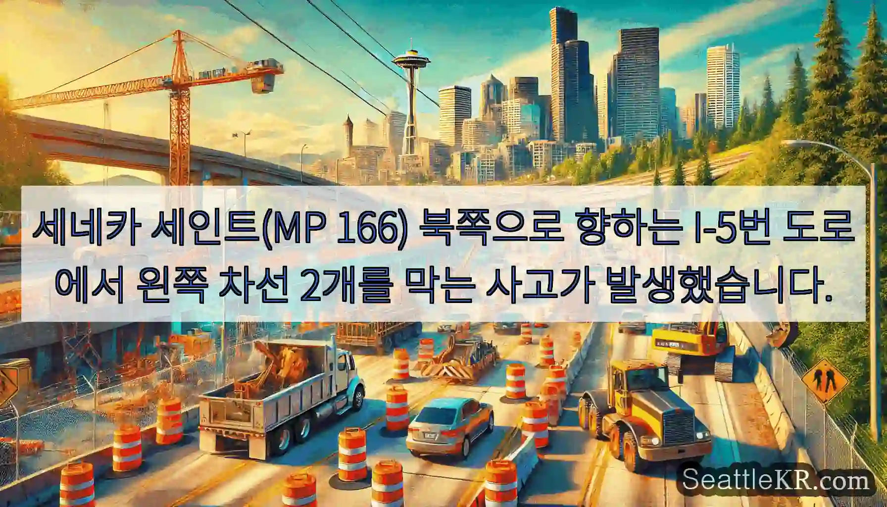 세네카 세인트(MP 166) 북쪽으로 향하는 I-5번 도로에서 왼쪽 차선 2개를 막는