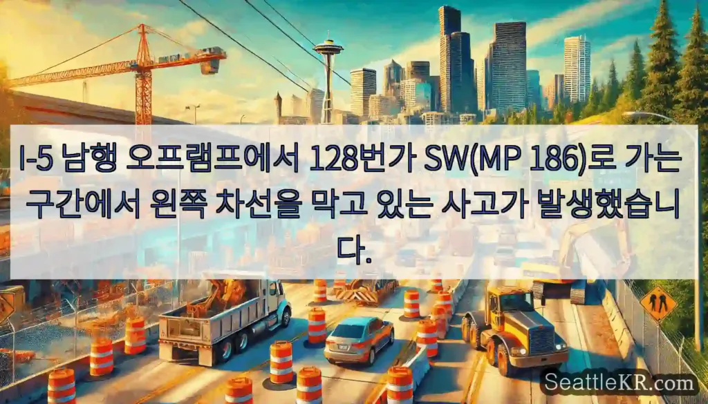 I-5 남행 오프램프에서 128번가 SW(MP 186)로 가는 구간에서 왼쪽 차선을 막고