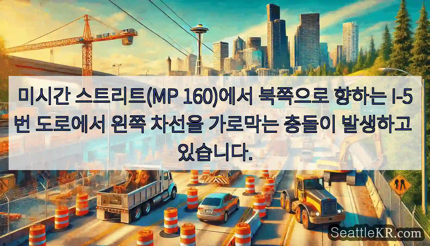 미시간 스트리트(MP 160)에서 북쪽으로 향하는 I-5번 도로에서 왼쪽 차선을 가로막는