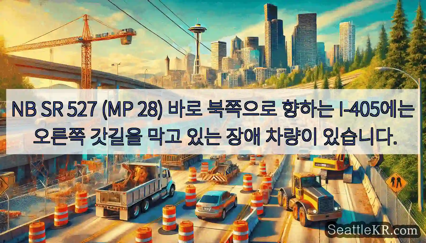 NB SR 527 (MP 28) 바로 북쪽으로 향하는 I-405에는 오른쪽 갓길을 막고