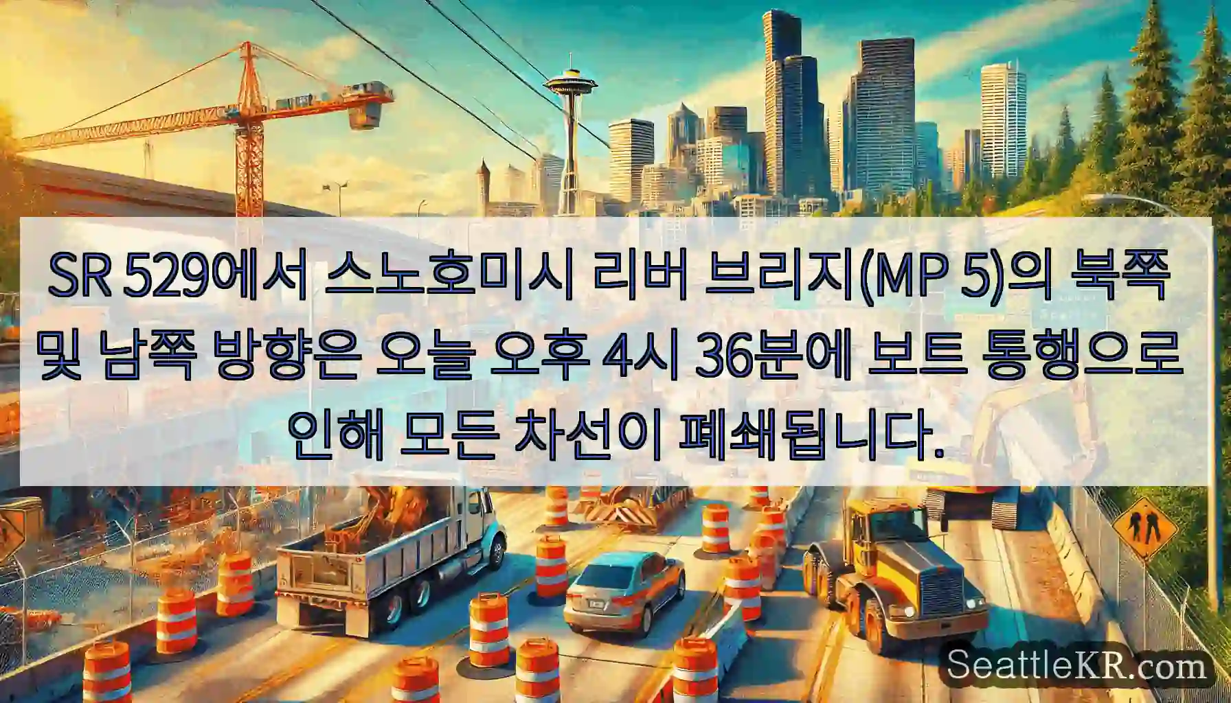 SR 529에서 스노호미시 리버 브리지(MP 5)의 북쪽 및 남쪽 방향은 오늘 오후 4시