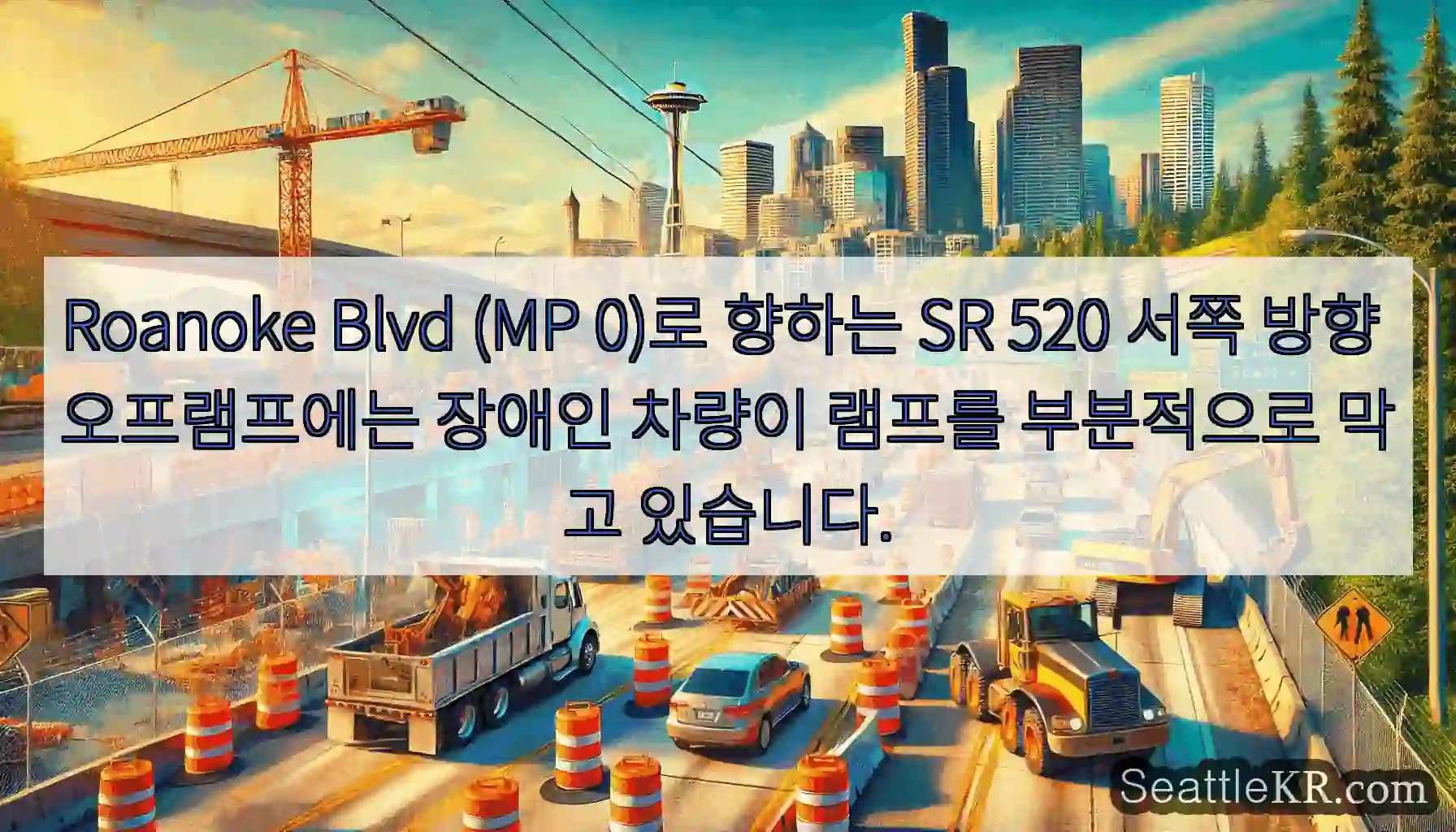 Roanoke Blvd (MP 0)로 향하는 SR 520 서쪽 방향 오프램프에는 장애인