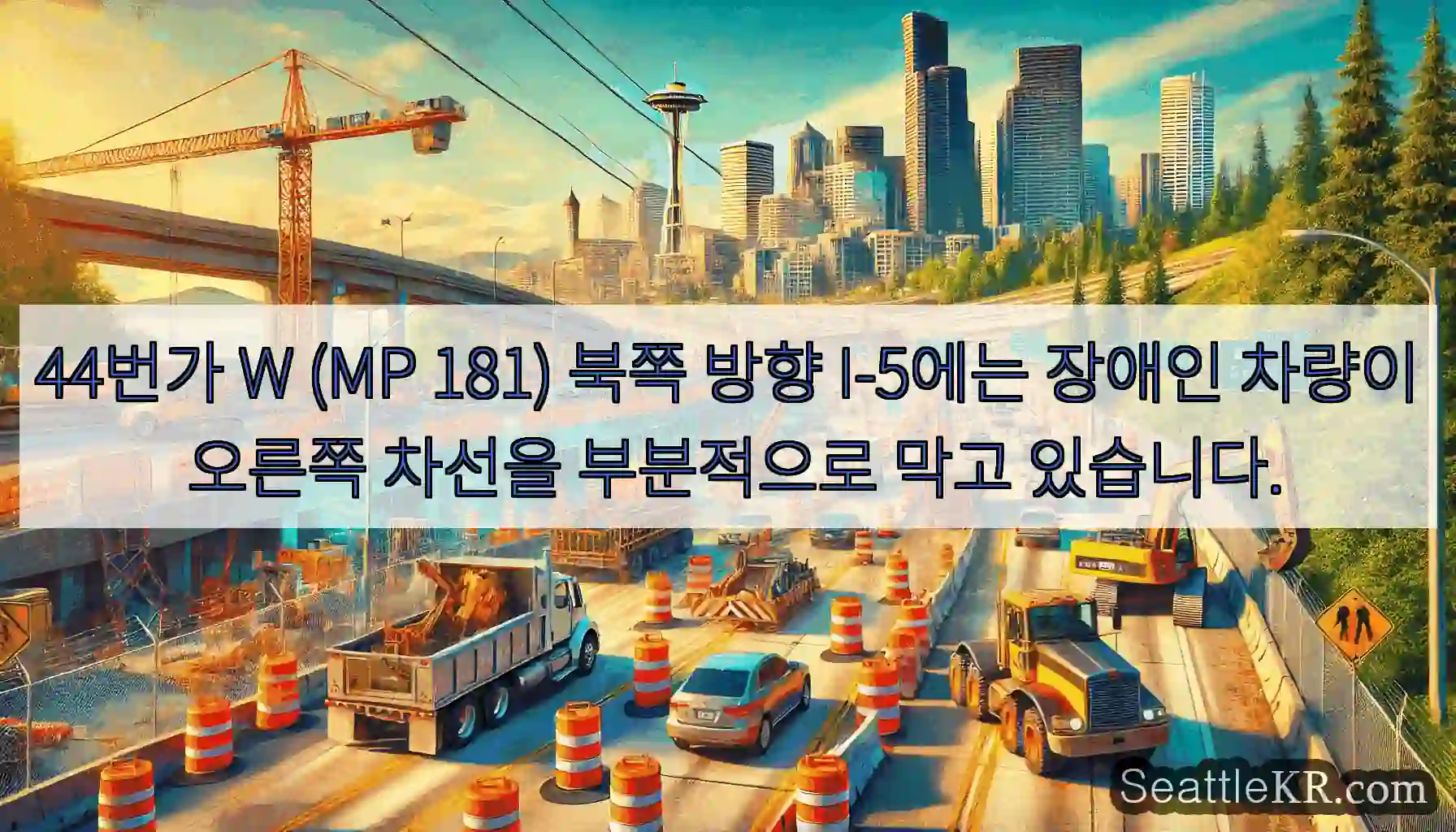 44번가 W (MP 181) 북쪽 방향 I-5에는 장애인 차량이 오른쪽 차선을 부분적으로