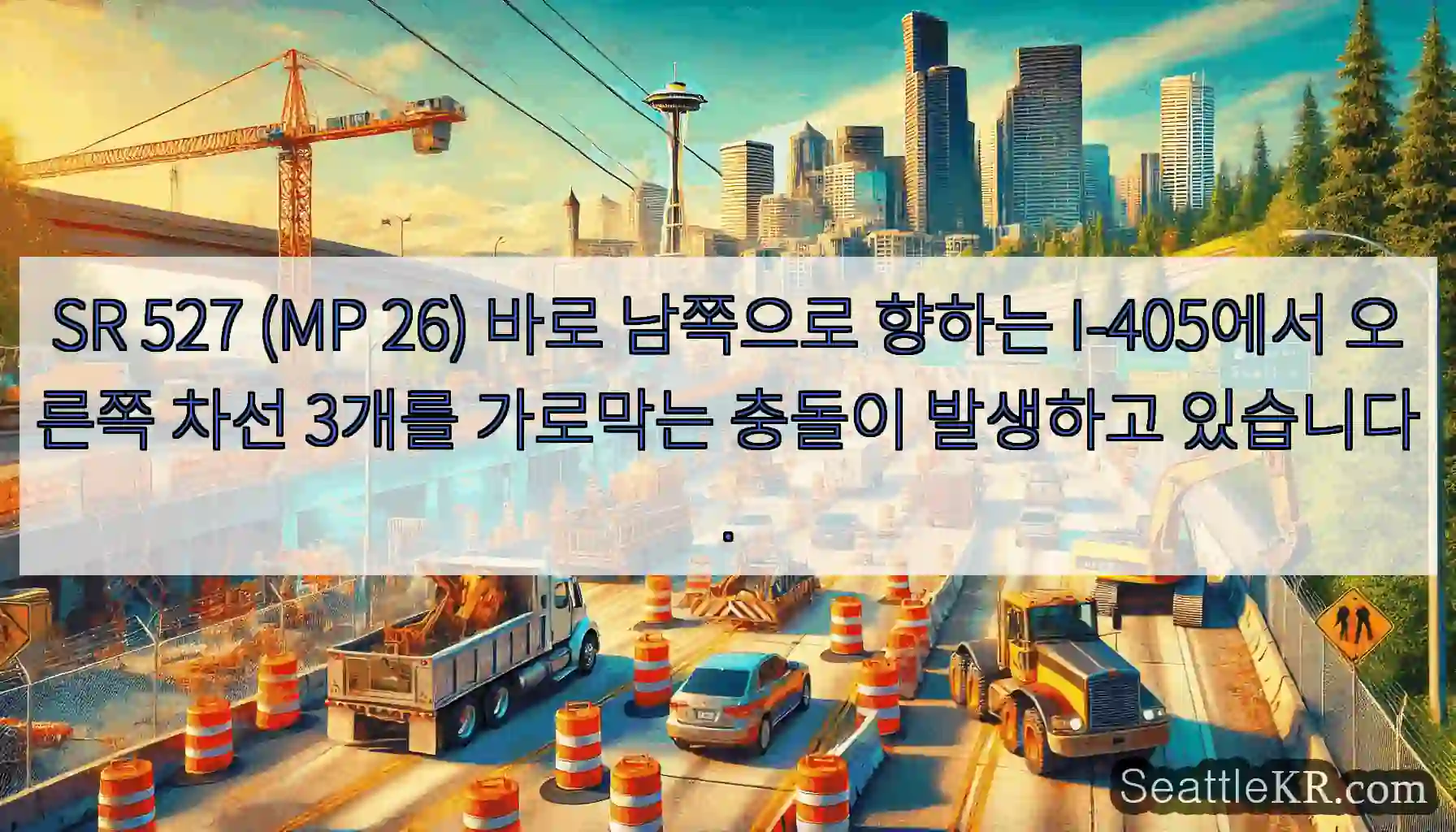 SR 527 (MP 26) 바로 남쪽으로 향하는 I-405에서 오른쪽 차선 3개를