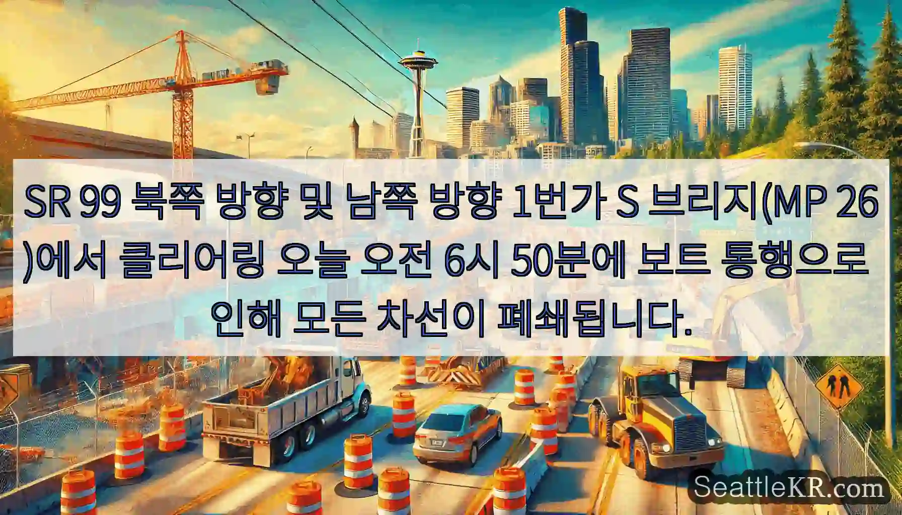 SR 99 북쪽 방향 및 남쪽 방향 1번가 S 브리지(MP 26)에서 클리어링 오늘 오전