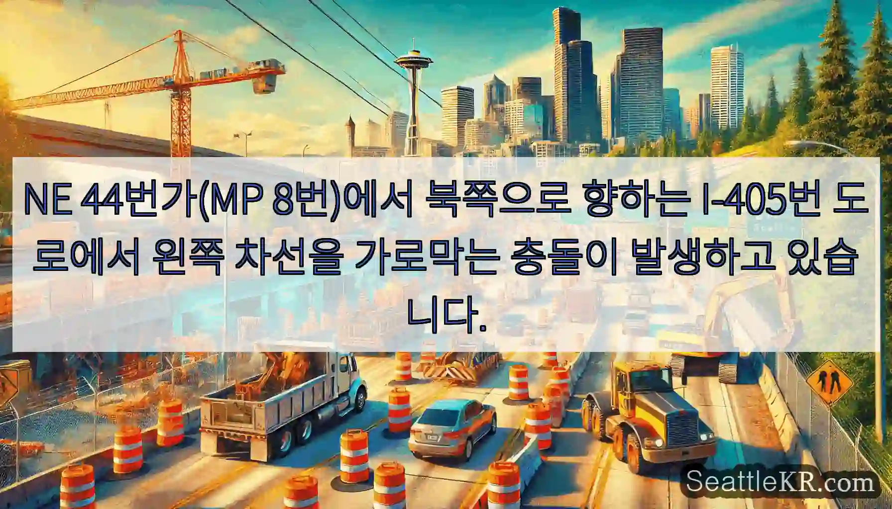 NE 44번가(MP 8번)에서 북쪽으로 향하는 I-405번 도로에서 왼쪽 차선을 가로막는