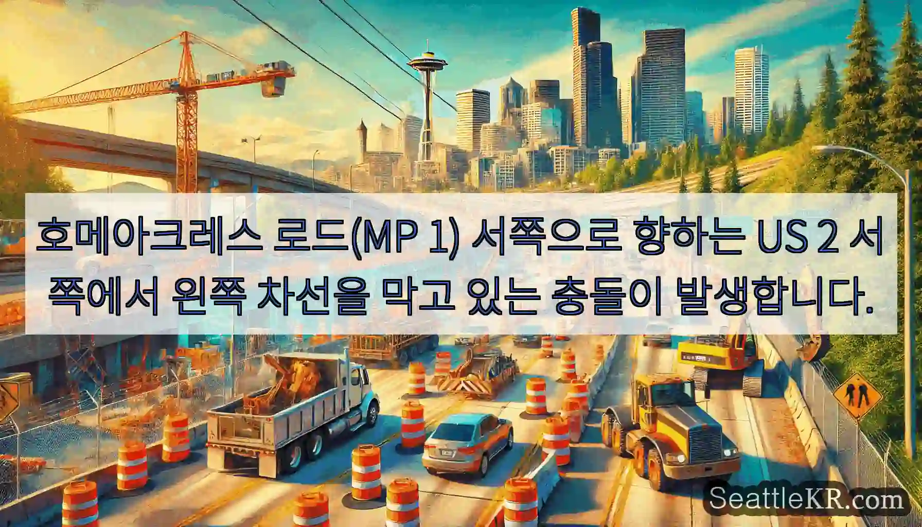 호메아크레스 로드(MP 1) 서쪽으로 향하는 US 2 서쪽에서 왼쪽 차선을 막고 있는