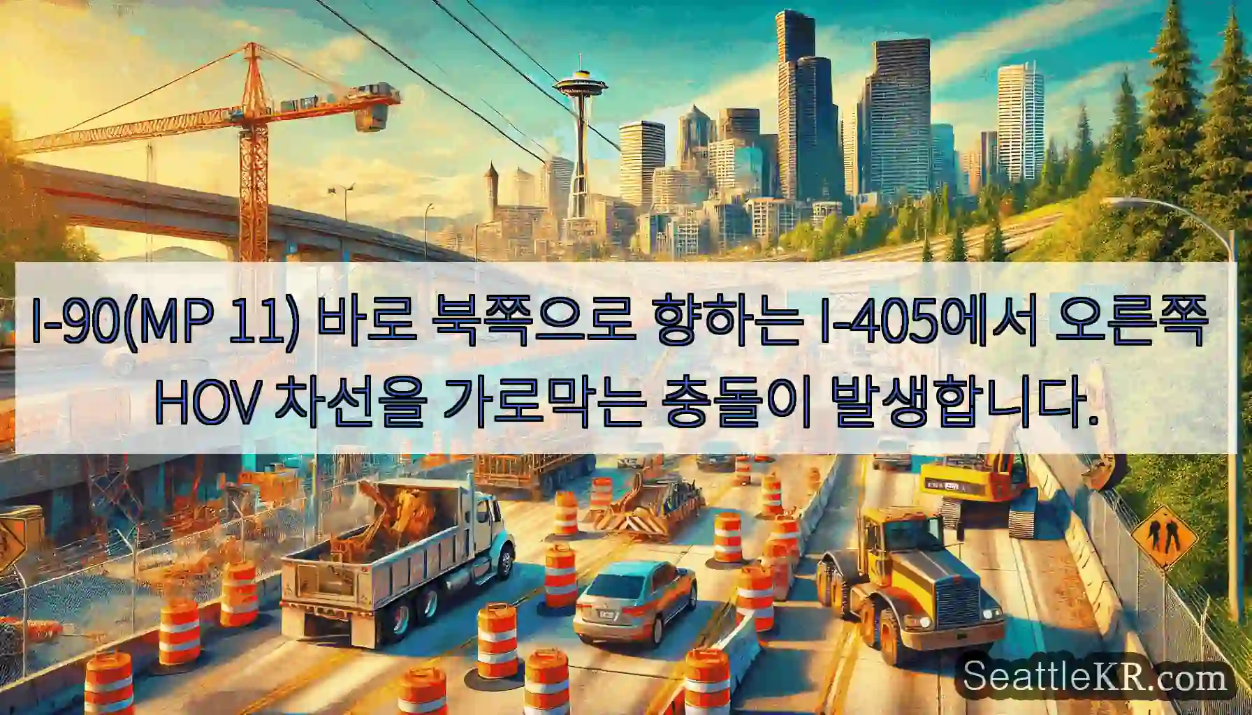 I-90(MP 11) 바로 북쪽으로 향하는 I-405에서 오른쪽 HOV 차선을 가로막는