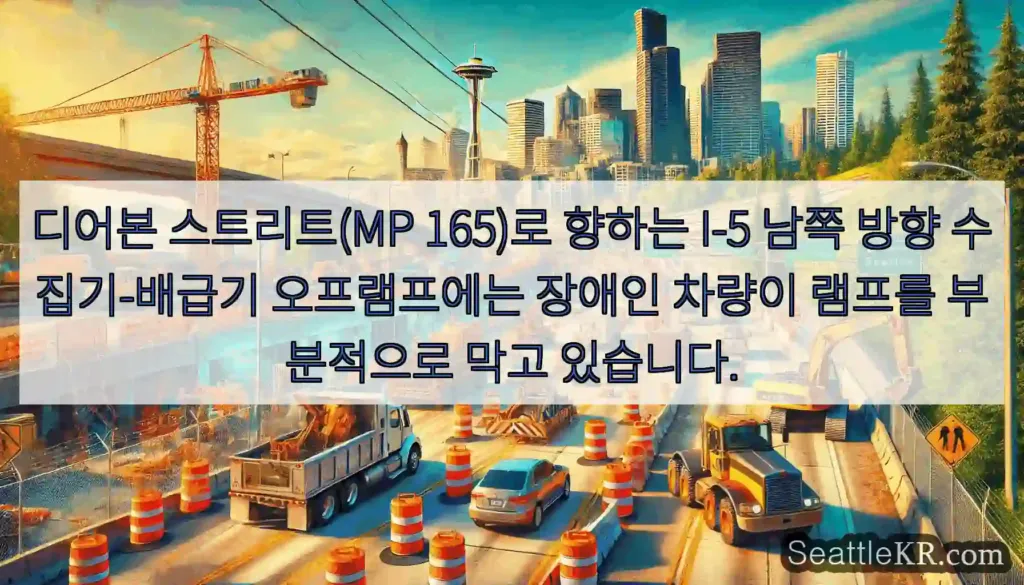 디어본 스트리트(MP 165)로 향하는 I-5 남쪽 방향 수집기-배급기 오프램프에는